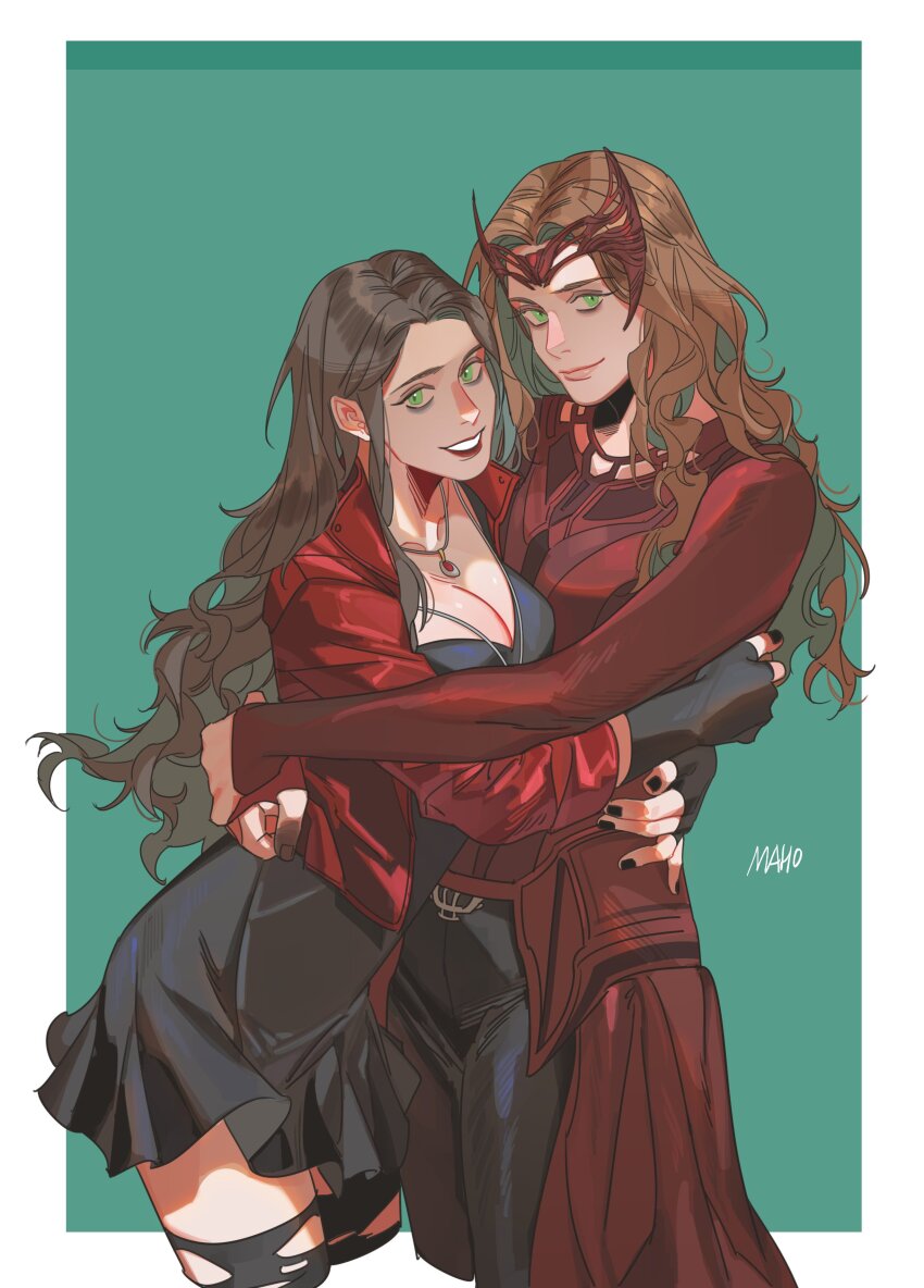 2girls absurdres aqua_background arm_warmers artist_name avengers:_age_of_ultron avengers_(series) black_dress black_nails black_pants black_thighhighs border breasts brown_hair cleavage closed_mouth collarbone colored_inner_hair commentary_request cowboy_shot doctor_strange_(series) doctor_strange_in_the_multiverse_of_madness dress dual_persona fingernails gem green_eyes green_hair highres hug jacket jewelry karmaho korean_commentary large_breasts long_hair long_sleeves looking_at_viewer marvel marvel_cinematic_universe mask mask_on_head multicolored_hair multiple_girls nail_polish necklace open_clothes open_jacket outside_border pants red_dress red_gemstone red_jacket red_lips red_mask scarlet_witch simple_background smile standing teeth thighhighs torn_clothes torn_thighhighs wanda_maximoff wavy_hair white_border