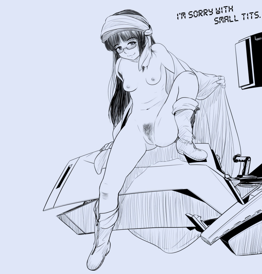 1girl breasts fanneria_amu female_focus female_pubic_hair full_body glasses highres juusenki_l-gaim kooji_(macoji) long_hair looking_at_viewer monochrome naughty_face navel nipples nude pubic_hair pussy simple_background sitting small_breasts smile solo