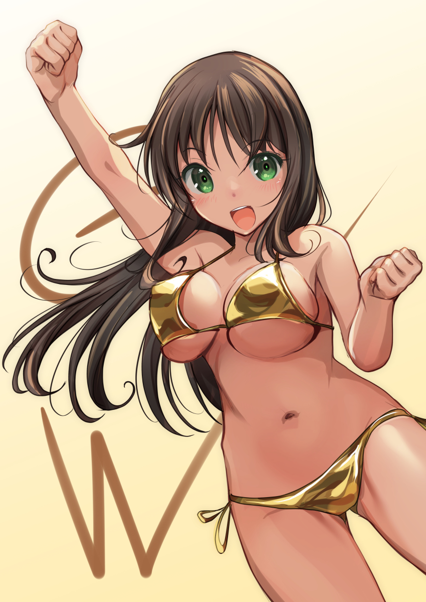 1girl absurdres alice_gear_aegis bikini black_hair bouncing_breasts breasts cleavage clenched_hand gold_bikini golden_week gradient_background green_eyes highres kaneshiya_sitara large_breasts long_hair open_mouth round_teeth side-tie_bikini_bottom solo swimsuit teeth upper_teeth_only yashin_(yasinz) yellow_background