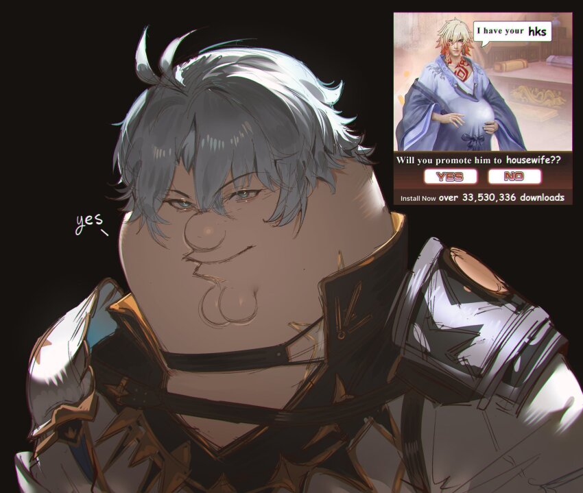 1boy armor cleft_chin commentary cosplay family_guy fat fat_man grey_eyes grey_hair highres honkai:_star_rail honkai_(series) kowai_(iamkowai) looking_at_viewer male_focus peter_griffin phainon_(honkai:_star_rail) phainon_(honkai:_star_rail)_(cosplay) screenshot_inset short_hair shoulder_armor solo