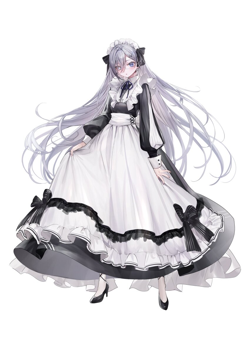 1girl absurdres apron black_ribbon blue_eyes blush clothes_grab female_focus grey_eyes headdress heterochromia high_heels highres long_hair long_skirt long_sleeves looking_at_viewer maid maid_apron maid_headdress multicolored_eyes nekometaru open_mouth purple_ribbon ribbon shibou_yuugi_de_meshi_o_kuu simple_background skirt skirt_grab solo solo_focus standing very_long_hair white_background white_hair yuuki_(shibou_yuugi)