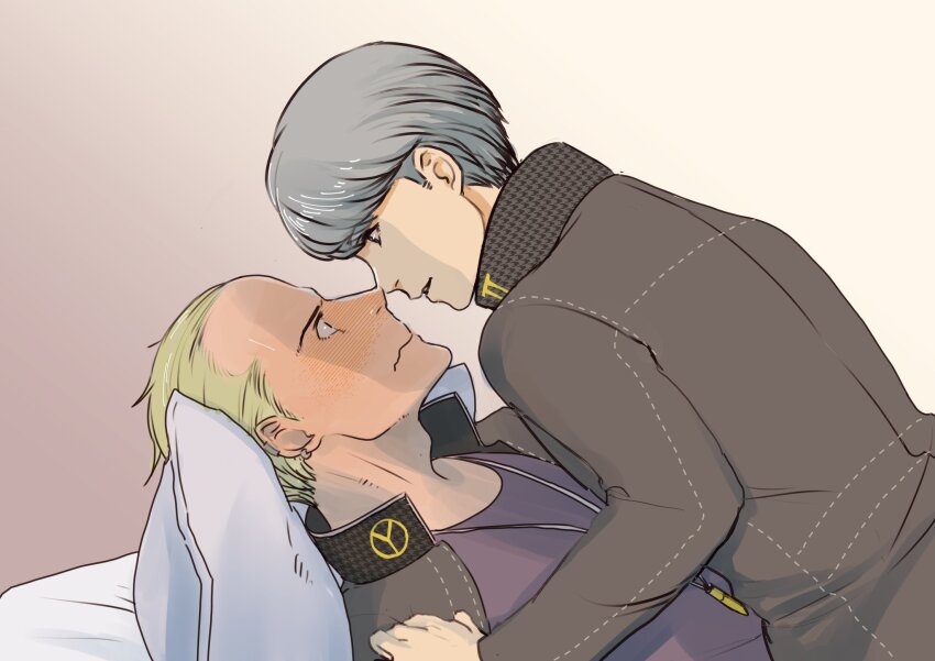 2boys bed black_jacket blonde_hair blue_shirt blush collared_jacket couple crew_neck embarrassed eye_contact gradient_background grey_hair highres jacket jewelry long_sleeves looking_at_another lying male_focus multiple_boys narukami_yu necklace on_back persona persona_4 pillow ponta_(aka_7280) school_uniform shirt tatsumi_kanji upper_body wavy_mouth yaoi yasogami_school_uniform