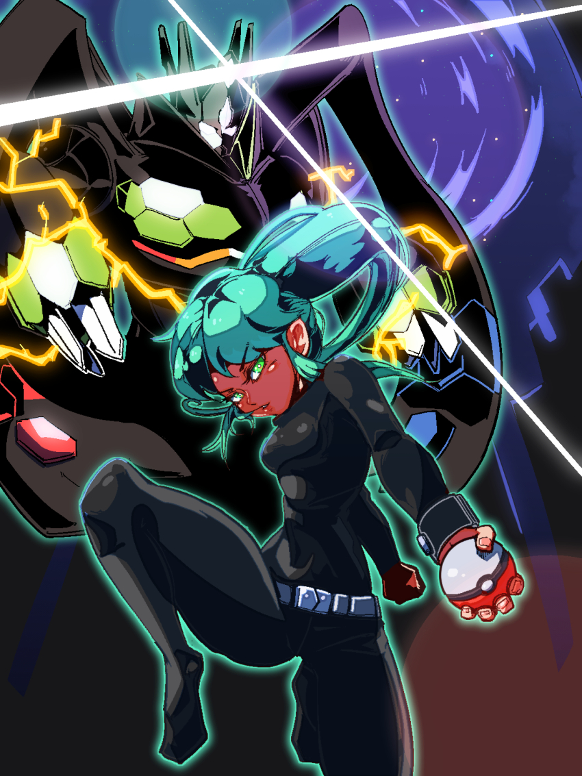 1girl 2049_(hh5566) ahoge aqua_eyes aqua_hair belt black_bodysuit bodysuit boots bracelet breasts character_request clenched_hands feet_up female_focus fighting_stance fingernails floating_hair gen_6_pokemon grey_footwear highres holding holding_poke_ball jewelry knee_boots legendary_pokemon long_hair looking_at_viewer matching_hair/eyes medium_breasts night night_sky nintendo parted_lips poke_ball pokemon ponytail serious sidelocks size_difference sky sparkle standing standing_on_one_leg v-shaped_eyebrows zygarde zygarde_(complete)