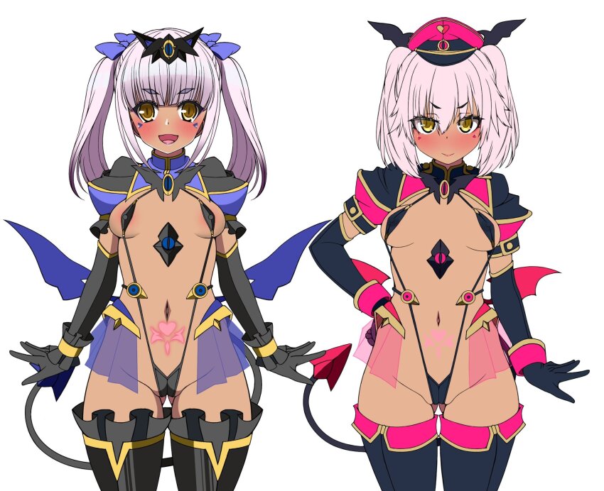 2girls areola_slip black_gloves blush breasts corruption covered_erect_nipples dark-skinned_female dark_persona dark_skin demon_girl demon_tail demon_wings elbow_gloves frozen_gingasan gloves gluteal_fold gunslinger_stratos hand_on_own_hip hat highres long_hair looking_at_viewer low_wings medium_breasts multiple_girls navel one-piece_swimsuit open_mouth pink_hair pubic_tattoo rindou_shizune shinou_matsurika simple_background slave_gear slingshot_swimsuit small_breasts smile swimsuit tail tattoo thighhighs transparent_background ts_magical_girl_nao twintails variant_set white_background wings yellow_eyes