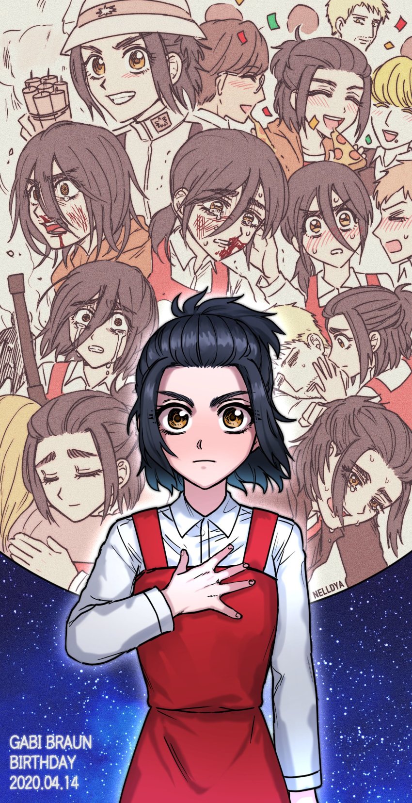 3boys 3girls angry birthday black_hair bleeding blonde_hair blood blush brown_eyes brown_hair closed_eyes crying dated dress dynamite explosive falco_grice gabi_braun glasses hand_on_own_chest happy helmet highres hug injury jacket kaya_(shingeki_no_kyojin) looking_at_viewer marley_military_uniform medium_hair military military_uniform mina_(als_dk) multiple_boys multiple_girls multiple_views ponytail reiner_braun sad shingeki_no_kyojin short_hair smile soldier space udo_(shingeki_no_kyojin) yellow_eyes zofia_(shingeki_no_kyojin)