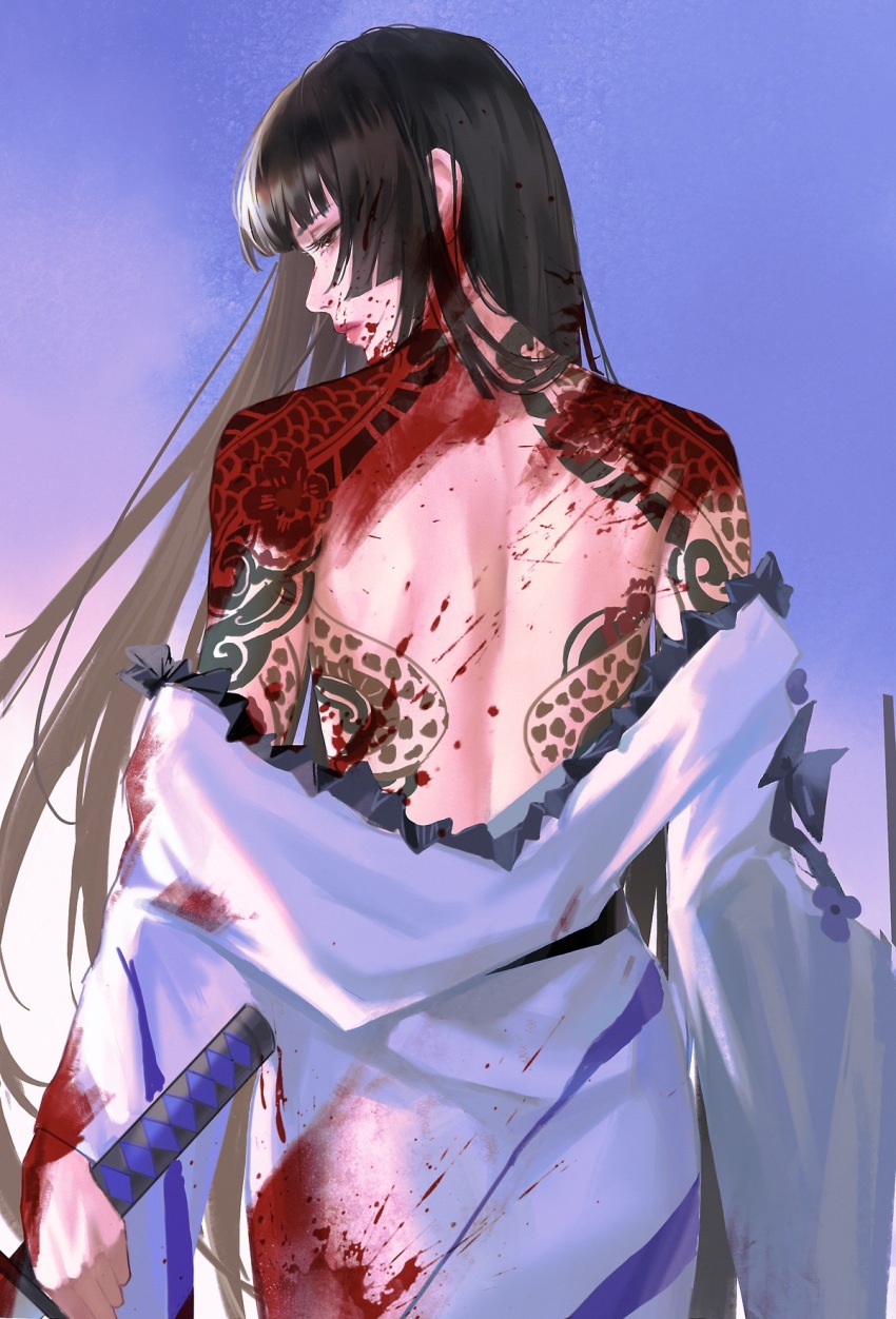 1girl arm_tattoo back bare_back bare_shoulders black_hair blood blood_on_clothes blood_on_face blood_on_shoulder bloody_weapon blue_background blunt_bangs blunt_ends brown_eyes chest_tattoo dragon_tattoo dress from_behind gradient_background guishu_lingxiang highres hime_cut holding holding_sword holding_weapon lips long_hair median_furrow partially_undressed path_to_nowhere red_lips shoulder_blades shoulder_tattoo solo straight_hair sumire_(path_to_nowhere) sword tattoo upper_body weapon white_dress