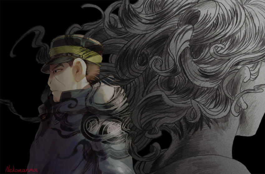 1boy 1girl artist_name black_background black_hat brown_hair buzz_cut coat facial_hair goatee_stubble golden_kamuy hat igogusa imperial_japanese_army kepi long_hair military_hat nekosoul short_hair stubble tsukishima_hajime very_short_hair