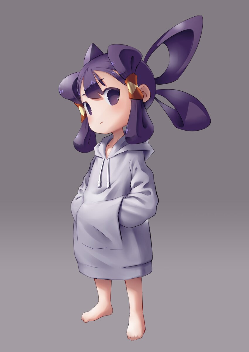 1girl alternate_costume barefoot black_eyes black_hair commentary_request expressionless full_body grey_background grey_hoodie hair_rings hands_in_pockets highres hood hoodie long_hair looking_at_viewer mizura sakuna-hime solo tensui_no_sakuna-hime y_koichi