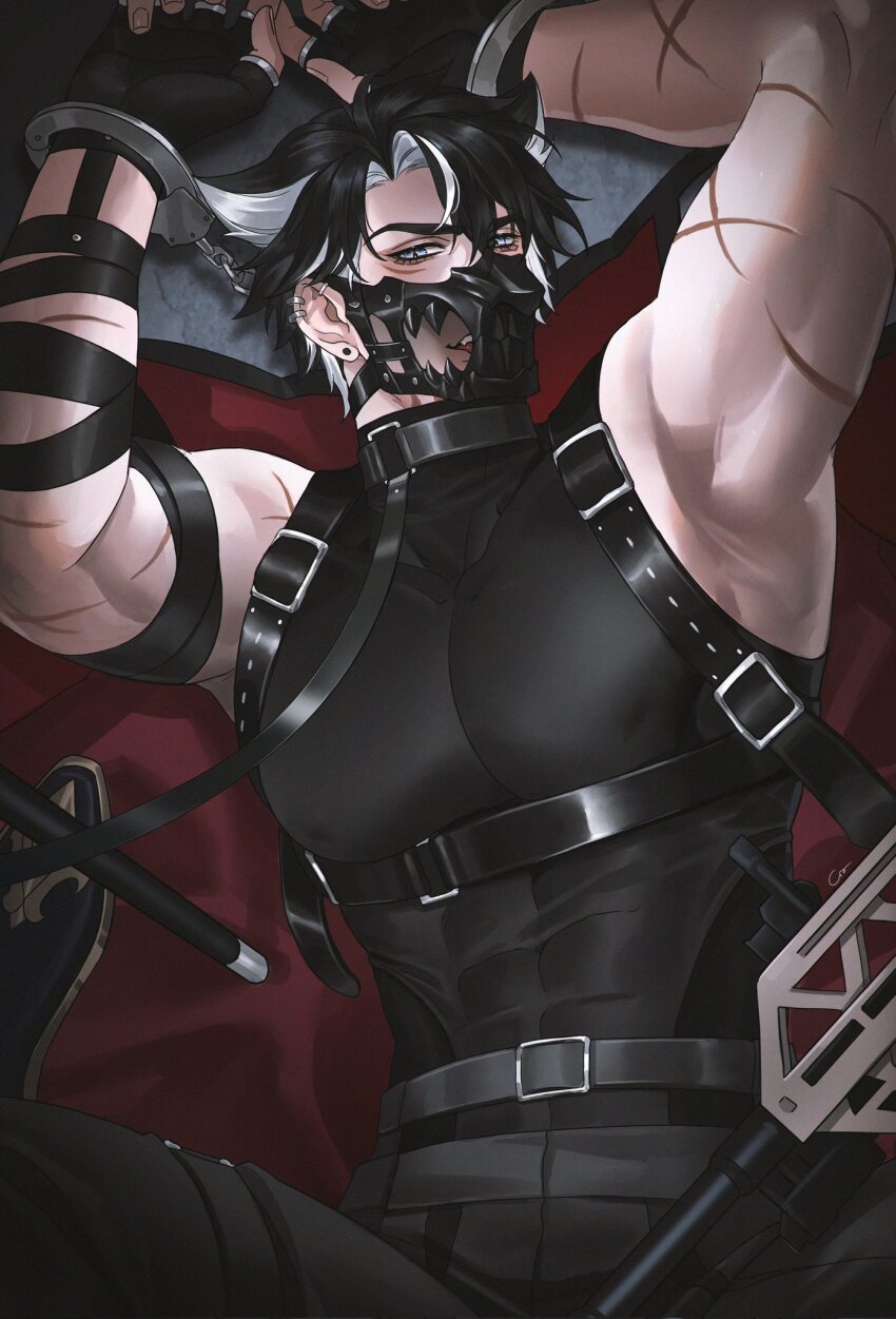 1boy armpits arms_up belt belt_buckle black_belt black_gloves black_hair black_leash black_pants black_shirt blue_eyes buckle colored_inner_hair commentary compression_shirt covered_abs covered_pectorals cross_scar crovius cuffs ear_piercing earrings english_commentary fingerless_gloves genshin_impact gloves hair_between_eyes handcuffs highres jewelry leash looking_at_viewer male_focus multicolored_hair multiple_scars muscular muscular_male muzzle_(mask) pants parted_lips pectorals piercing restrained scar scar_on_arm shirt short_hair sleeveless sleeveless_shirt sleeveless_turtleneck smile solo tight_clothes turtleneck two-tone_hair white_hair wriothesley_(genshin_impact)