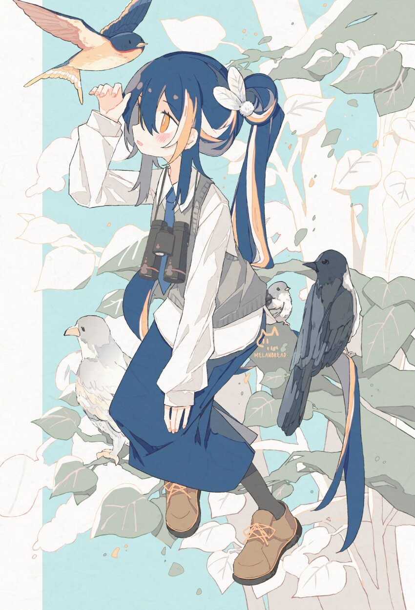 1girl artist_name binoculars bird blush collared_shirt green_hair grey_sweater_vest highres in_tree long_hair long_skirt melanbread multicolored_hair necktie orange_eyes original pencil_skirt purple_hair purple_necktie purple_skirt shirt sitting sitting_in_tree skirt solo streaked_hair sweater_vest tree very_long_hair white_hair white_shirt