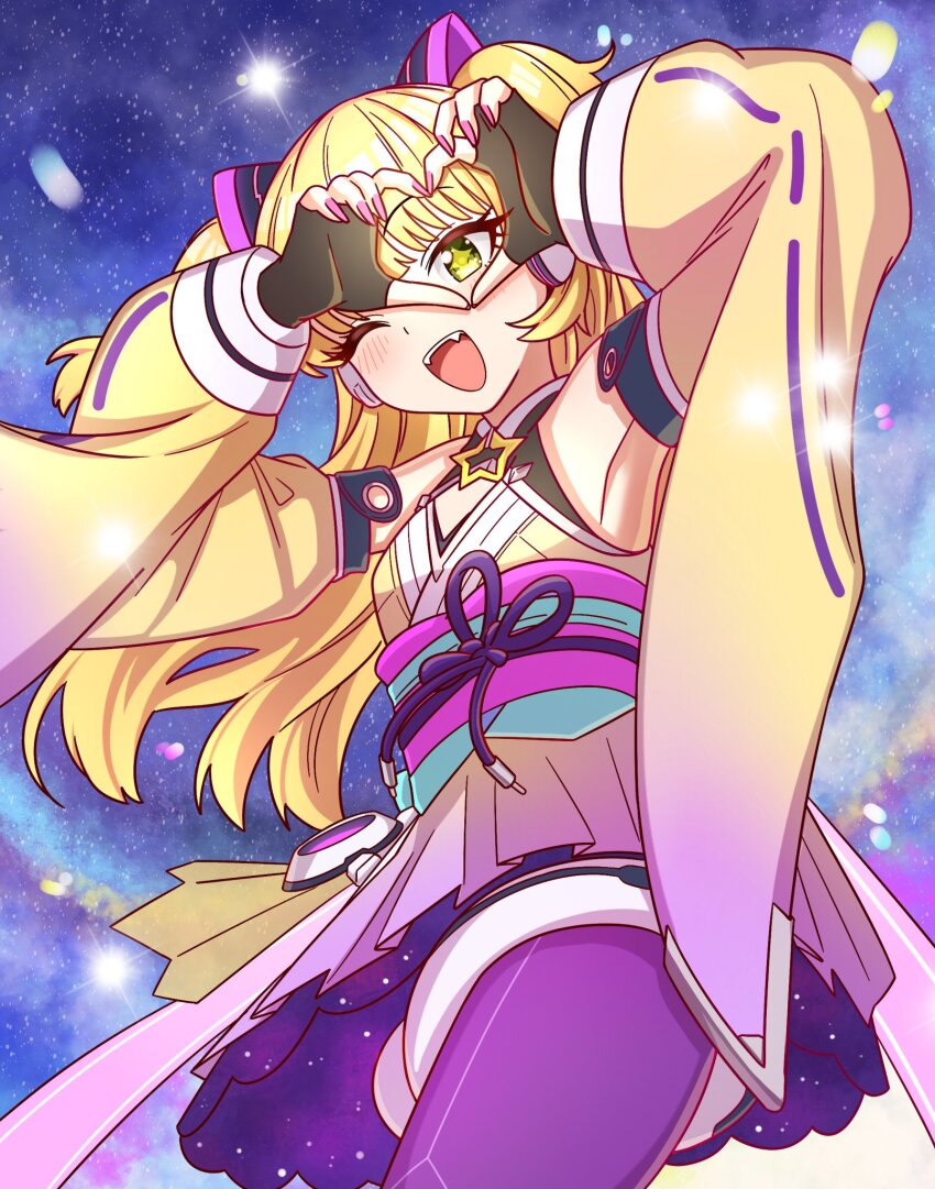 1girl blonde_hair breasts commentary_request derivative_work fingerless_gloves gloves green_eyes heart heart_hands heart_hands_over_eye highres idolmaster idolmaster_cinderella_girls japanese_clothes jougasaki_rika kimono like_and_redraw_challenge long_hair looking_at_viewer niban_(puka_0507) one_eye_closed open_mouth short_kimono small_breasts solo star_(symbol) yellow_kimono