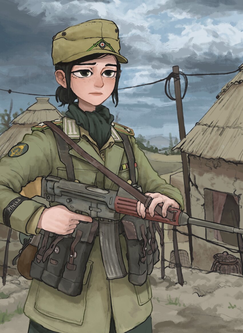 1girl absurdres africa afrika_korps ammunition_pouch anachronism assault_rifle belt black_eyes black_hair black_scarf blush breast_pocket brown_belt brown_hat brown_jacket brown_shirt buttons canteen closed_mouth cloud collar_tabs collared_shirt commentary commission cuff_title dark_clouds day english_commentary fence_post gas_mask_canister grey_pants gun gun_sling hat hat_ornament highres hut insignia jacket lapels load_bearing_equipment looking_ahead m43_field_cap military military_hat military_jacket military_uniform nose notched_lapels original outdoors overcast pants patch pink_lips pocket ponytail pouch power_lines ribbon_bar rifle rifleman1130 scarf shirt short_hair short_ponytail shoulder_boards shoulder_patch sky soldier solo stg45 trigger_discipline upper_body utility_pole weapon world_war_ii