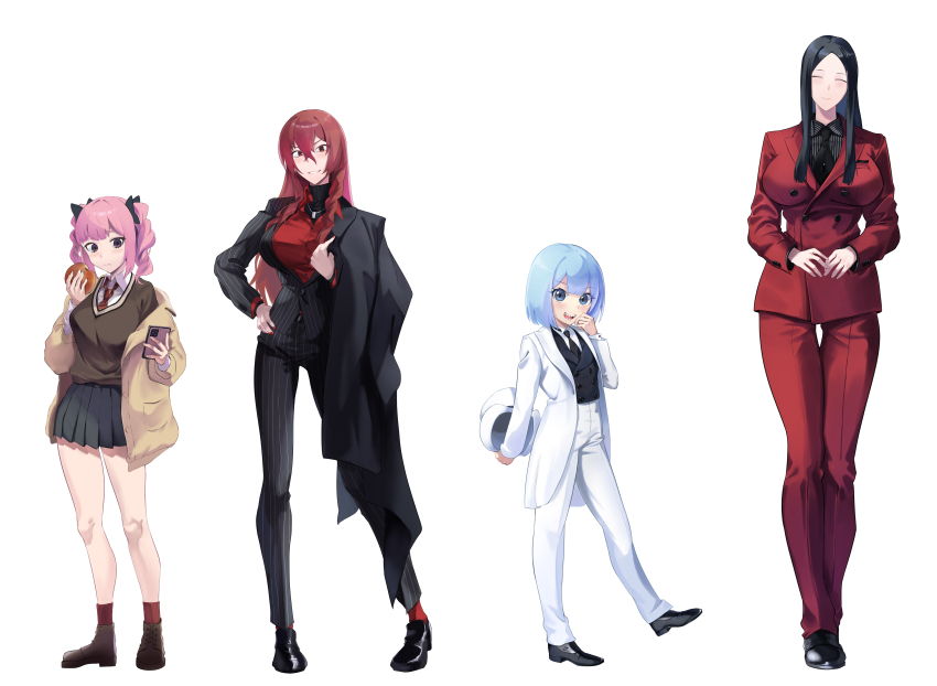 4girls :d absurdres black_footwear black_hair black_jacket black_necktie black_pants black_ribbon black_skirt black_suit blue_eyes blue_hair blush breasts brown_footwear brown_jacket brown_sweater_vest cellphone closed_mouth collared_shirt commentary_request eyelashes flat_chest food formal_clothes full_body hair_ribbon hand_on_own_hip hand_up hat highres holding holding_food holding_phone holding_unworn_clothes holding_unworn_hat jacket jewelry large_breasts long_hair multiple_girls nail_polish necklace necktie omeletricetaro3 open_clothes open_jacket open_mouth original pants phone pink_hair purple_eyes red_eyes red_hair red_jacket red_necktie red_pants red_shirt red_socks red_suit ribbon sharp_teeth shirt short_hair skirt smartphone smile socks standing striped_clothes striped_jacket striped_pants striped_shirt suit sweater_vest tall_female teeth turtleneck twintails unworn_hat unworn_headwear upper_teeth_only vertical-striped_clothes vertical-striped_jacket vertical-striped_pants vertical-striped_shirt white_jacket white_pants white_shirt white_suit