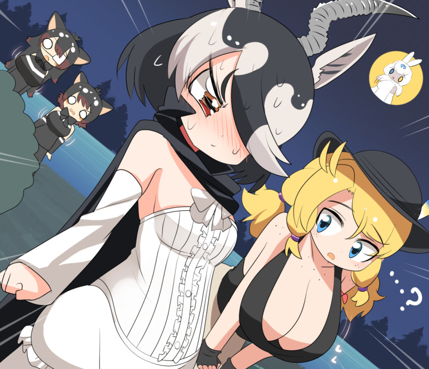 5girls animal_ears antelope_ears antelope_horns australian_devil_(kemono_friends) bare_shoulders black_bow black_bowtie black_cape black_hair black_shirt blackbuck_(kemono_friends) blonde_hair blue_eyes blush bow bowtie breast_envy breasts calenda_(kemono_friends) cape cleavage detached_sleeves eyepatch full_moon hair_over_one_eye hat hat_feather heterochromia kemono_friends kemono_friends_3 large_breasts lets0020 long_hair medical_eyepatch moon multicolored_hair multiple_girls rabbit_ears rabbit_girl red_eyes shirt short_hair sleeveless small_breasts tank_top tasmanian_devil_(kemono_friends) tasmanian_devil_ears tasmanian_devil_tail tearing_up tsukuyomi_shinshi_(kemono_friends) two-tone_hair white_bow white_bowtie white_hair white_shirt yellow_eyes