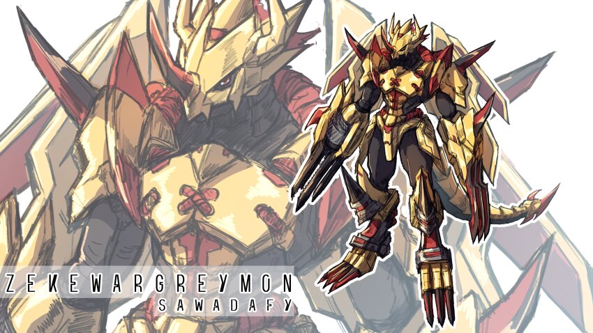 1boy absurdres armor digimon digimon_(creature) highres male_focus oridigi original sawadafy solo tail zekegreymon