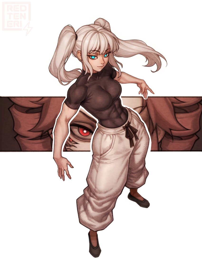 1girl abs artist_logo artist_name baggy_pants black_shirt black_shoes breasts commentary cosplay covered_navel drill_hair english_commentary full_body gojou_satoru gojou_satoru_(cosplay) grey_pants hatsune_miku highres jujutsu_kaisen logo looking_at_viewer medium_breasts medium_hair pants pink_hair red_eyes redteneri ryoumen_sukuna_(jujutsu_kaisen) ryoumen_sukuna_(jujutsu_kaisen)_(cosplay) shirt shoes short_sleeves tight_clothes tight_shirt toned toned_female twintails vocaloid watermark white_hair