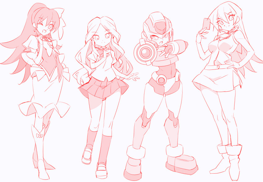 3girls 4girls aile_(mega_man_zx) aiming aiming_at_viewer arm_cannon armor boots bow bowtie breasts card closed_mouth crotch_plate cure_tender dress duel_academy_uniform_(yu-gi-oh!_gx) forehead_jewel greyscale group_picture hand_on_own_hip happinesscharge_precure! helmet high_ponytail hikawa_maria holding holding_card inazuma_eleven inazuma_eleven_(series) kaidou_zx kobayashi_sanae long_hair looking_at_viewer medium_breasts mega_man_(series) mega_man_zx miniskirt model_x_(mega_man) monochrome multiple_girls open_mouth pleated_skirt ponytail precure raimon_natsumi red_theme school_uniform shirt shoes short_sleeves simple_background skirt sleeveless sleeveless_shirt smile standing tenjouin_asuka trading_card vest voice_actor_connection weapon white_background yu-gi-oh! yu-gi-oh!_gx