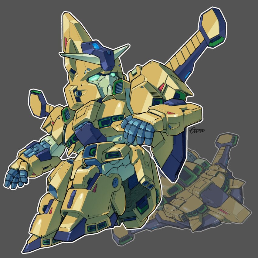 alternate_form chibi english_text fusion grey_background gundam highres mecha no_humans robot sd_gundam signature solo the_o_(mobile_suit) toilobo v-fin wave_rider zeta_gundam zeta_gundam_(mobile_suit)
