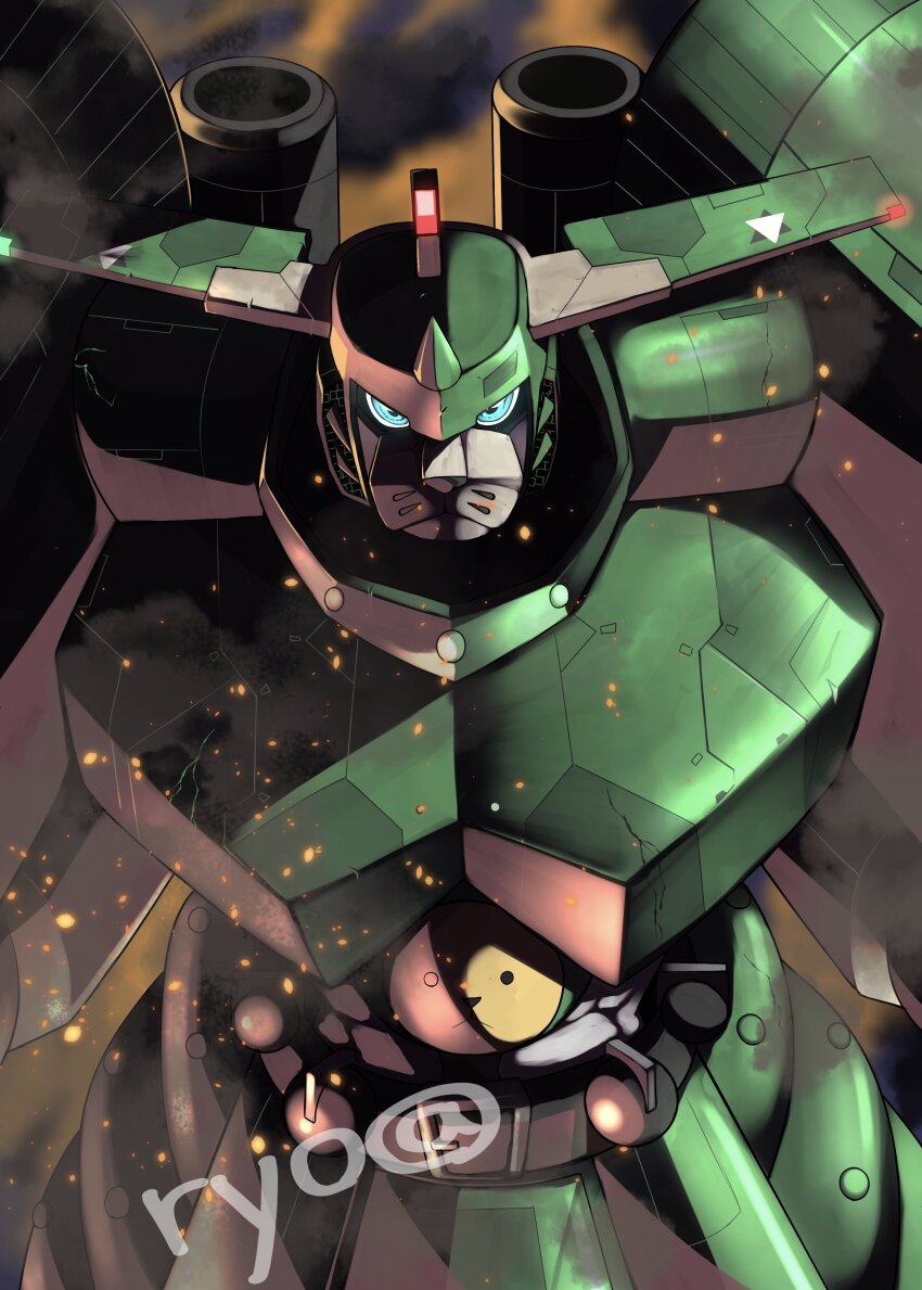 1boy absurdres armor blue_eyes cowboy_shot digimon digimon_(creature) green_armor highres mecha robot ryo@ saintgalgomon solo twitter_username