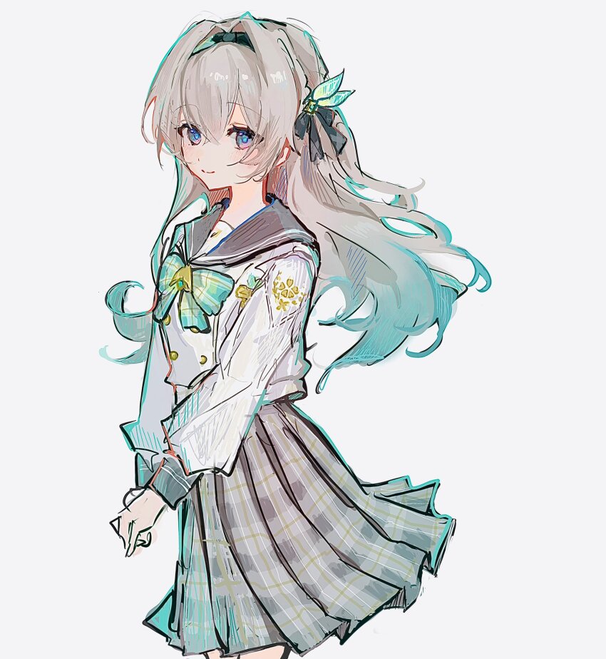 1girl black_hairband black_ribbon blush bow bowtie buttons checkered_bow checkered_bowtie checkered_clothes checkered_skirt closed_mouth double-breasted firefly_(honkai:_star_rail) firefly_(spring_missive)_(honkai:_star_rail) gradient_eyes gradient_hair green_bow green_bowtie grey_hair grey_sailor_collar grey_skirt hair_between_eyes hair_intakes hair_ornament hair_ribbon hairband highres honkai:_star_rail honkai_(series) long_sleeves multicolored_eyes multicolored_hair own_hands_together pleated_skirt ri_pi_o ribbon sailor_collar simple_background skirt smile solo white_background white_sleeves