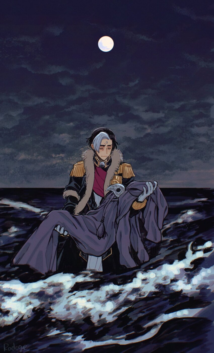 1boy black_coat black_hair closed_eyes cloud coat emet-selch epaulettes final_fantasy final_fantasy_xiv full_moon garlean gloves highres holding holding_unworn_clothes horizon male_focus moon multicolored_hair night ocean outdoors overcast radoge14 scenery short_hair signature sky solo sophist&#039;s_robe_(ff14) standing two-tone_hair wading water white_gloves