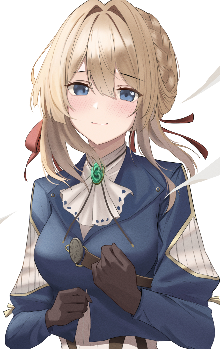 1girl absurdres aqua_gemstone ascot blonde_hair blue_eyes blue_jacket blush braid brooch brown_gloves closed_mouth gem gloves hair_between_eyes hair_intakes hair_ribbon highres jacket jewelry looking_at_viewer necklace red_ribbon ribbon sidelocks simple_background smile solo ttusee5 violet_evergarden violet_evergarden_(series) white_ascot white_background