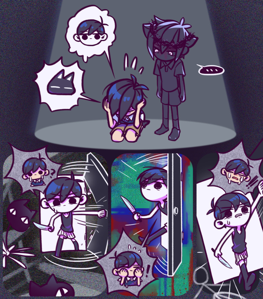 ... 3boys black_eyes black_hair black_shoes black_thighhighs cat chibi closed_eyes closed_mouth colored_skin door flying_sweatdrops highres holding holding_knife knife laser-lance looking_at_another male_focus mewo multiple_boys omori omori_(omori) open_mouth shoes sitting speech_bubble spoilers spoken_ellipsis stranger_(omori) sunny_(omori) thighhighs wariza white_eyes white_skin