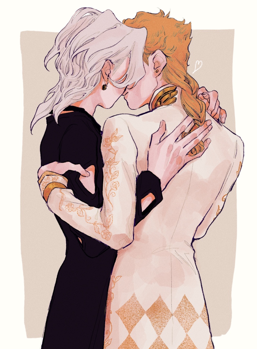 2boys absurdres back black_shirt blonde_hair braid clothing_cutout drawn_heart earrings food-themed_earrings food_themed_earrings giorno_giovanna grabbing_another&#039;s_arm hand_on_another&#039;s_back hand_on_another&#039;s_shoulder highres jacket jewelry jojo_no_kimyou_na_bouken kiss long_hair male_focus medium_hair multiple_boys okokoro_zaiku pannacotta_fugo shirt strawberry_earrings stud_earrings vento_aureo white_hair white_jacket yaoi