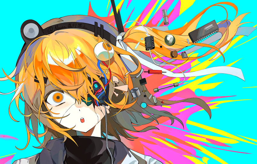 1girl a.i._voice adachi_rei android aqua_background black_shirt cable commentary_request computer_chip cpu cracked_skin damaged dangling_eye explosion feiwusheng hair_ribbon headlamp highres jacket looking_at_viewer mechabare open_clothes open_jacket orange_eyes pink_background radio_antenna ribbon shirt side_ponytail solo teeth upper_teeth_only utau white_jacket white_ribbon