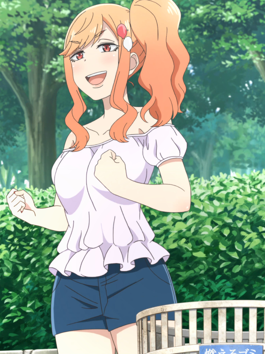 1girl breasts female_focus highres large_breasts nail_polish orange_hair red_eyes saki-chan_(tejina_senpai) screencap shorts side_ponytail solo standing tejina_senpai_(series)