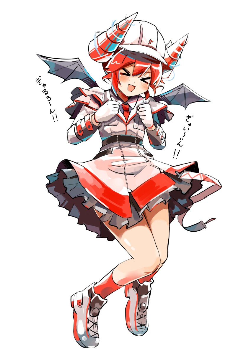 &gt;_&lt; 1girl absurdres adapted_costume ankle_socks bat_wings belt black_belt black_skirt black_sleeve_cuffs black_wings blush collared_shirt drill drill_hair flying gloves grey_jacket grey_skirt hair_between_eyes helmet highres jacket kasane_teto kasane_teto_(sv) layered_skirt layered_sleeves long_sleeves mp777b necktie open_mouth red_hair red_necktie red_skirt red_socks shirt shoes simple_background skirt sneakers socks solo synthesizer_v twin_drills utau white_background white_gloves white_helmet white_shirt white_socks wing_collar wings