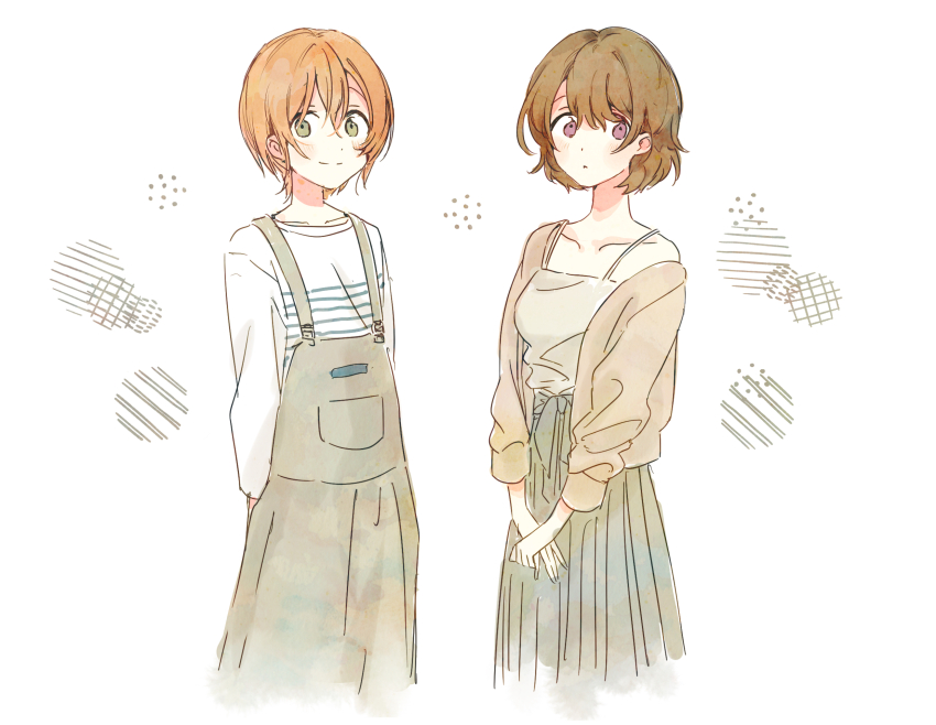 2girls brown_eyes brown_hair brown_jacket brown_overalls brown_shirt brown_skirt casual commentary_request high-waist_skirt highres hoshizora_rin jacket koizumi_hanayo light_blush long_skirt long_sleeves looking_at_viewer love_live! love_live!_school_idol_project multiple_girls naarann orange_hair overalls purple_eyes shirt short_hair skirt smile white_background white_shirt