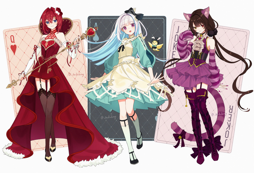 3girls :3 :o ace_(playing_card) ace_of_spades alice_(alice_in_wonderland) alice_(alice_in_wonderland)_(cosplay) alice_in_wonderland alternate_animal_ears alternate_costume ange_katrina animal animal_ear_fluff animal_ear_piercing animal_ears apron aqua_bow aqua_bowtie aqua_dress arm_at_side ascot back_bow bare_shoulders bell bird black_bow black_choker black_corset black_ribbon black_shoes black_thighhighs black_vest blue_eyes blue_hair blunt_bangs boots bow bowtie breasts bridal_gauntlets brown_hair card cat_ears cat_girl cat_tail cheshire_cat_(alice_in_wonderland) cheshire_cat_(alice_in_wonderland)_(cosplay) choker clothed_animal colored_inner_hair commentary_request corset cosplay criss-cross_straps crossed_bangs crossed_legs detached_sleeves dress fake_animal_ears flats flower footwear_bow frilled_apron frilled_bridal_gauntlets frills full_body fur_trim garter_straps gem gold_trim hair_between_eyes hair_bow hair_flower hair_intakes hair_ornament hairclip halter_dress halterneck hat heart heart_print heart_scepter heterochromia high-low_dress highres holding holding_scepter inui_toko joker_(playing_card) kneehighs knees_together_feet_apart kyarairo layered_skirt legwear_garter light_blush lize_helesta long_bangs long_dress long_hair long_sleeves looking_at_viewer low_twintails mad_hatter_(alice_in_wonderland) mad_hatter_(alice_in_wonderland)_(cosplay) medici_collar medium_dress monocle multicolored_hair multiple_girls nail_polish neck_bell nijisanji open_hands open_mouth paw_pose playing_card playing_card_theme pleated_dress pleated_skirt pom_pom_(clothes) pom_pom_hair_ornament puffy_long_sleeves puffy_sleeves purple_bow purple_ears purple_eyes purple_footwear purple_gemstone purple_nails purple_ribbon purple_skirt purple_sleeves purple_tail purple_vest queen_(playing_card) queen_of_hearts_(alice_in_wonderland) queen_of_hearts_(alice_in_wonderland)_(cosplay) queen_of_hearts_(playing_card) quilted_clothes rabbit_ears red_dress red_eyes red_flower red_hair red_nails red_ribbon red_rose ribbon rose sanbaka_(nijisanji) scepter sebastian_piyodore shoes short_hair sidelocks skirt sleeves_past_fingers sleeves_past_wrists small_breasts smile smirk socks spade_(shape) standing streaked_hair striped_sleeves striped_tail tail tail_bell tail_bow tail_ornament teeth thigh_boots thighhighs top_hat train_(clothing) triangle_hair_ornament twintails twitter_username upper_teeth_only very_long_hair vest virtual_youtuber waistcoat walking white_apron white_background white_bridal_gauntlets white_hair white_socks wide-eyed wrist_ribbon yellow_bird yellow_eyes