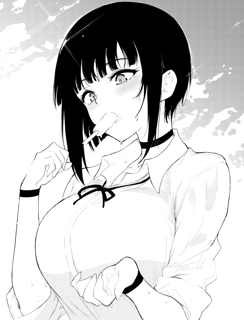 1girl absurdres arm_up blush breasts choker collarbone comic_bavel food food_in_mouth greyscale highres kyokucho large_breasts long_sleeves miyabi-senpai monochrome neck_ribbon popsicle popsicle_in_mouth ribbon short_hair sidelocks solo sweat wet wristband