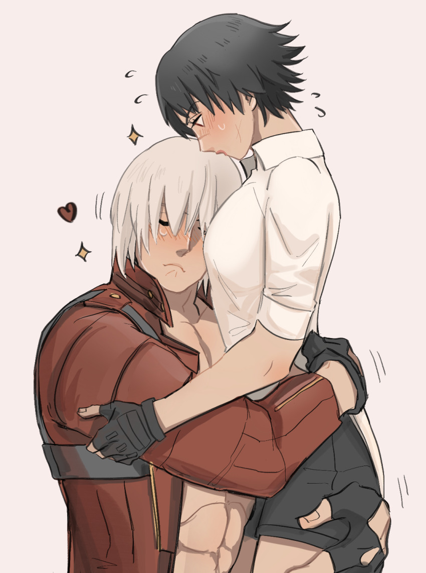 1boy 1girl black_gloves black_hair blush closed_eyes coat collared_shirt dante_(devil_may_cry) devil_may_cry devil_may_cry_(series) devil_may_cry_3 fingerless_gloves flying_sweatdrops gloves heart highres hug jumpoon lady_(devil_may_cry) red_coat scar scar_on_face scar_on_nose shirt simple_background white_hair white_shirt