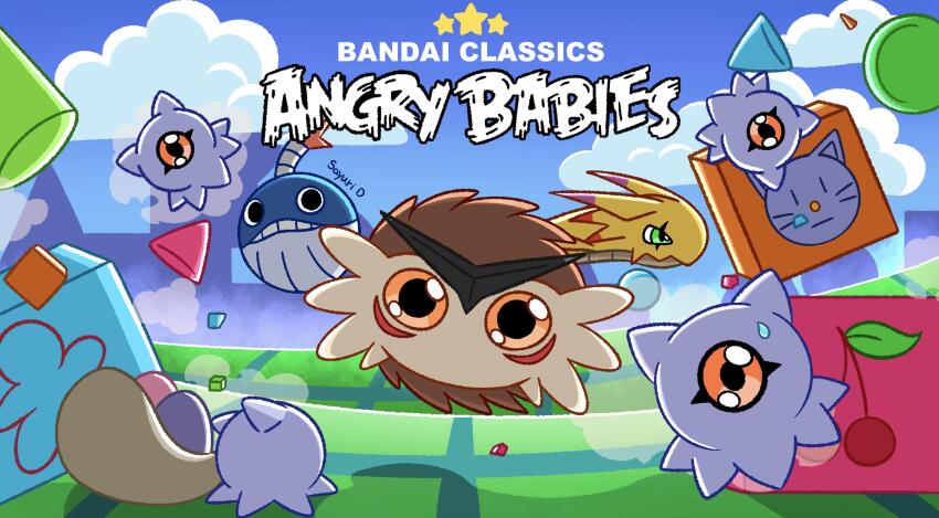 absurdres angry_birds bombmon cloud digimon digimon_(creature) digitama dragon egg highres kuramon kyokyomon looking_at_another parody puwamon sky