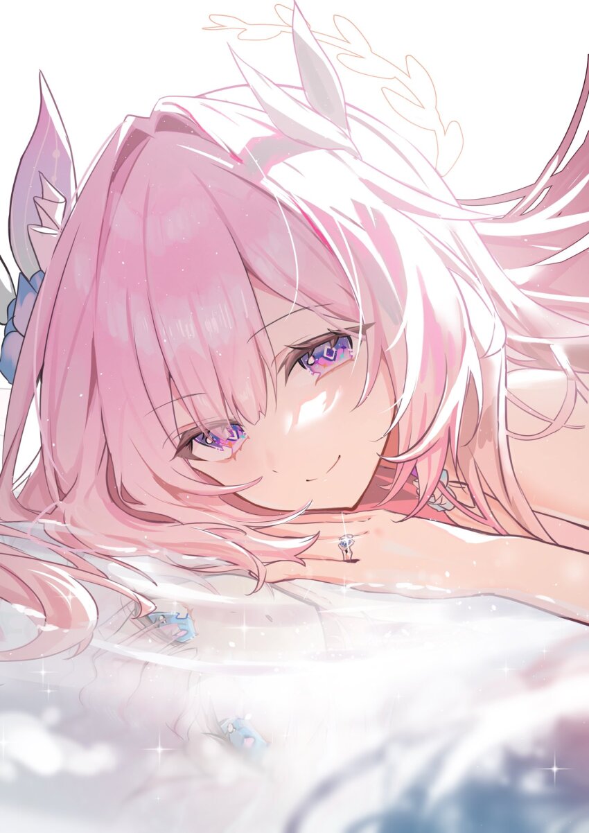 1girl blue_eyes closed_mouth commentary_request cyrene_(aedes_elysiae)_(honkai:_star_rail) cyrene_(honkai:_star_rail) cyrene_(ripples_of_past_reverie)_(honkai:_star_rail) diamond-shaped_pupils diamond_(shape) different_reflection flower hair_flower hair_intakes hair_ornament highres honkai:_star_rail honkai_(series) jewelry long_hair looking_at_viewer luna_(luna610) pink_hair purple_eyes purple_flower purple_rose reflection ring rose simple_background smile solo_focus symbol-shaped_pupils white_background