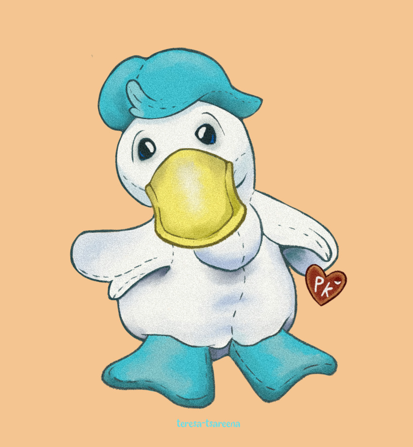 artist_name beanie_babies highres nintendo no_humans orange_background pokemon quaxly simple_background stuffed_animal stuffed_toy teresa-tsareena