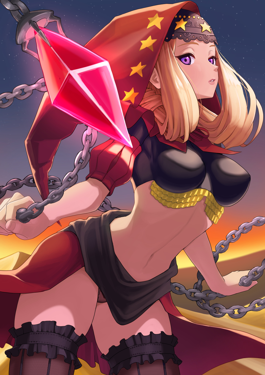 1girl absurdres blonde_hair breasts chain cowboy_shot crop_top crystal desert diamond_(shape) frilled_thighhighs frills highres holding holding_chain holding_weapon hood hood_up kunimaki leaning_forward lips long_hair looking_at_viewer medium_breasts navel night night_sky odin_sphere panties pantyshot parted_lips psypher_(odin_sphere) puff_and_slash_sleeves puffy_sleeves purple_eyes red_hood short_sleeves sky solo star_(sky) star_(symbol) stomach striped_clothes striped_thighhighs thighhighs underwear velvet_(odin_sphere) vertical-striped_clothes vertical-striped_thighhighs weapon