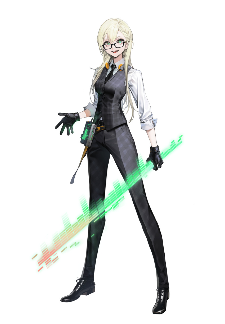 1girl :d absurdres aqua_eyes black-framed_eyewear black_footwear black_gloves black_necktie blonde_hair breasts collared_shirt digital_media_player dress_shirt echoes_of_vision fangs full_body glasses gloves graphic_equalizer grey_pants grey_vest headphones headphones_around_neck highres holding holding_weapon legs_apart long_hair looking_at_viewer medium_breasts necktie official_art open_mouth oxfords pants plaid_clothes plaid_pants plaid_vest quuni rebecca_(echoes_of_vision) shirt sleeves_pushed_up smile solo standing tachi-e teeth transparent_background vest waistcoat weapon white_shirt