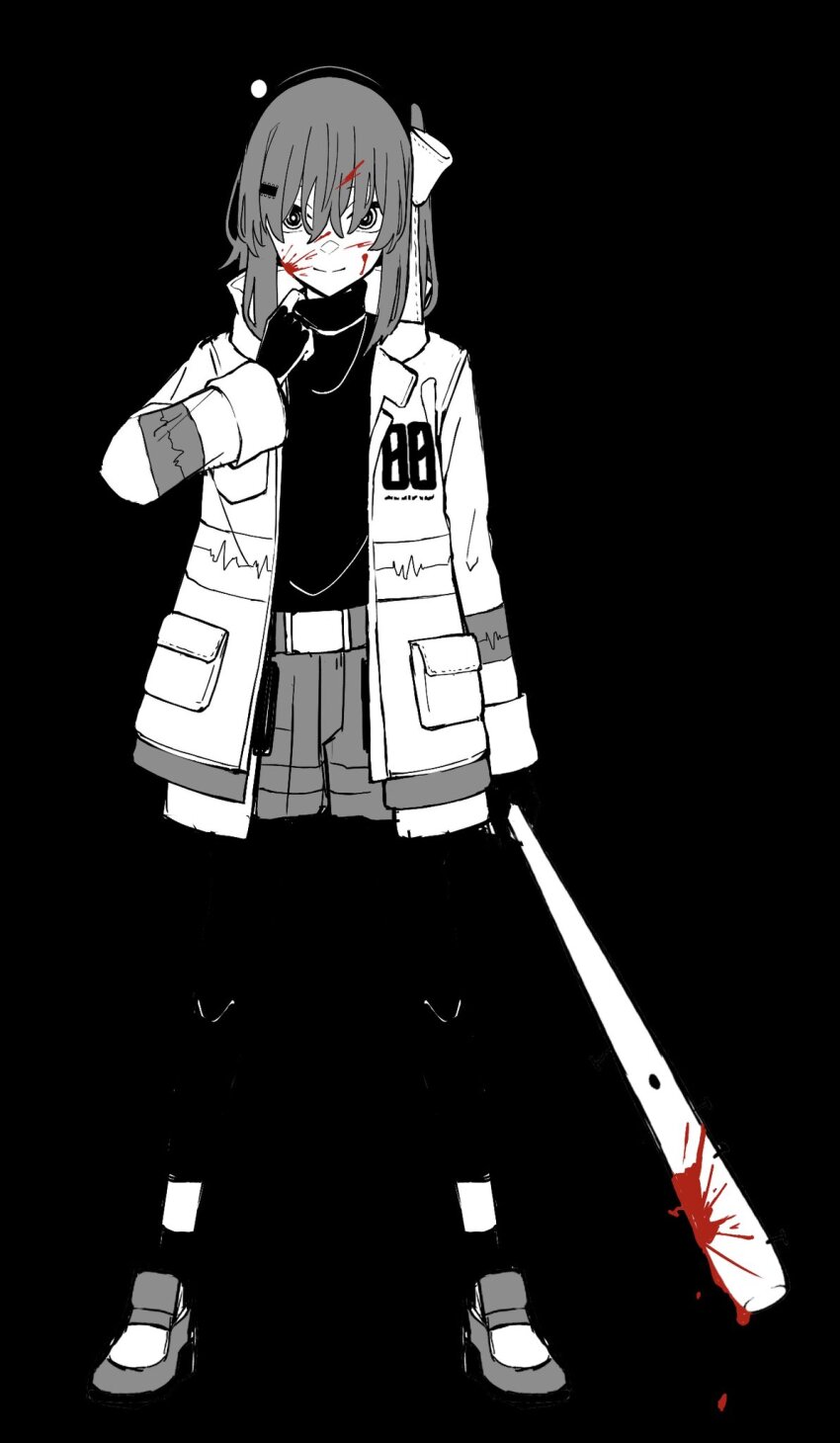 1girl a.i._voice adachi_rei baseball_bat belt blending blood blood_on_face blood_splatter bloody_weapon collar_tug computer_chip empty_eyes full_body gloves greyscale hair_ornament hair_over_eyes hair_ribbon hairband hairclip headlamp highres holding holding_weapon jacket leggings long_sleeves looking_at_viewer medium_hair monochrome open_clothes open_jacket parka ribbon ringed_eyes sabiwo shoes side_ponytail skirt smile sneakers solo sound_wave spot_color turtleneck utau utility_belt weapon