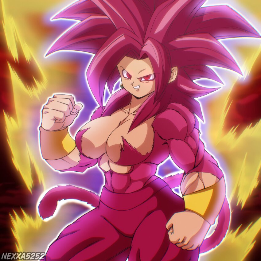1girl abs absurdres artist_name aura bracelet breasts dragon_ball dragon_ball_daima dragon_ball_super earrings highres jewelry kefla_(dragon_ball) large_breasts muscular muscular_female nexx_art nexxa pants potara_earrings red_eyes red_fur red_hair spiked_hair super_saiyan super_saiyan_4 tail