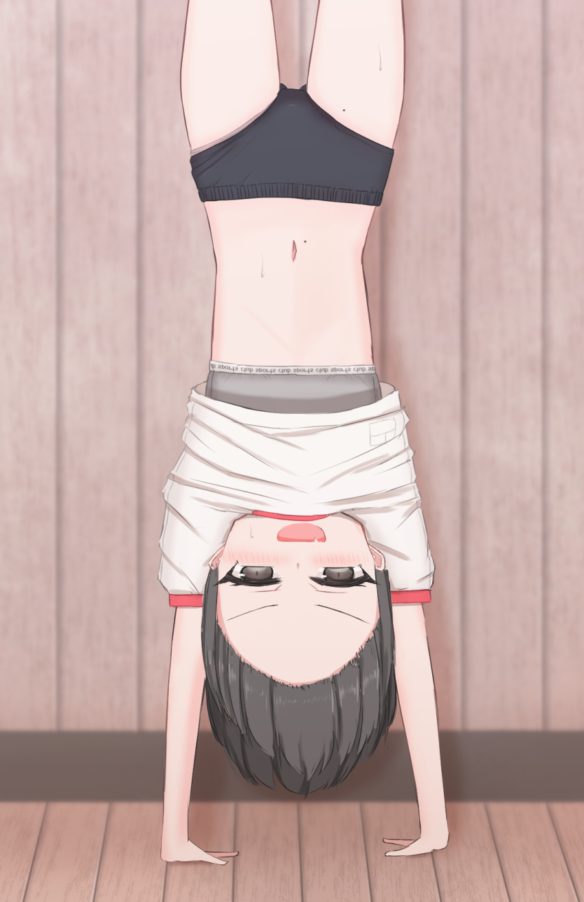 1girl black_buruma black_eyes black_hair blush buruma clothes_lift clothes_writing fang flat_chest grey_panties grey_sports_bra gym_uniform handstand highres loli looking_at_viewer mole mole_on_stomach mole_on_thigh navel open_mouth original panties panty_peek shirt shirt_lift shooko short_hair short_sleeves smile sports_bra sweat underwear white_shirt