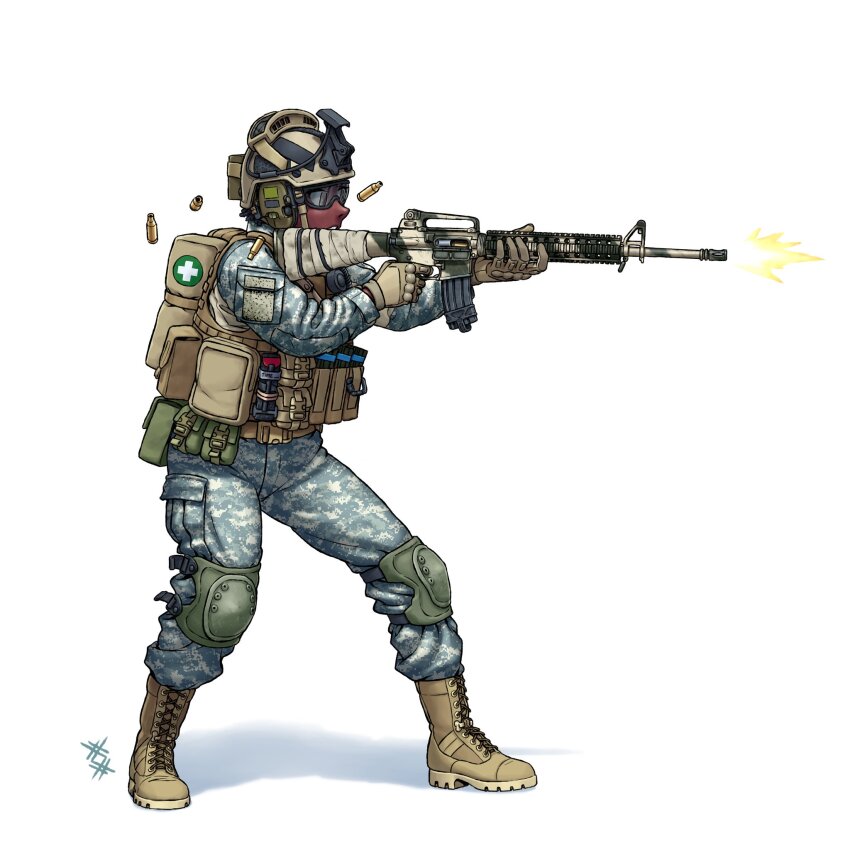 1girl ammunition_pouch assault_rifle battlefield_(series) battlefield_3 belt belt_pouch black_hair body_armor boots bulletproof_vest camouflage camouflage_jacket camouflage_pants cargo_pants casing_ejection chin_strap combat_boots combat_helmet commentary cross dark-skinned_female dark_skin digital_camouflage firing full_body gloves goggles goggles_on_head gun headphones helmet highres holding holding_gun holding_weapon jacket knee_pads lace-up_boots load_bearing_vest long_sleeves m16 m16a4 magazine_(weapon) military military_combat_uniform military_uniform muzzle_flash open_mouth ostwindprojekt pants pocket pouch rifle shadow shell_casing signature simple_background soldier solo standing tactical_clothes teeth united_states_marine_corps utility_belt weapon white_background