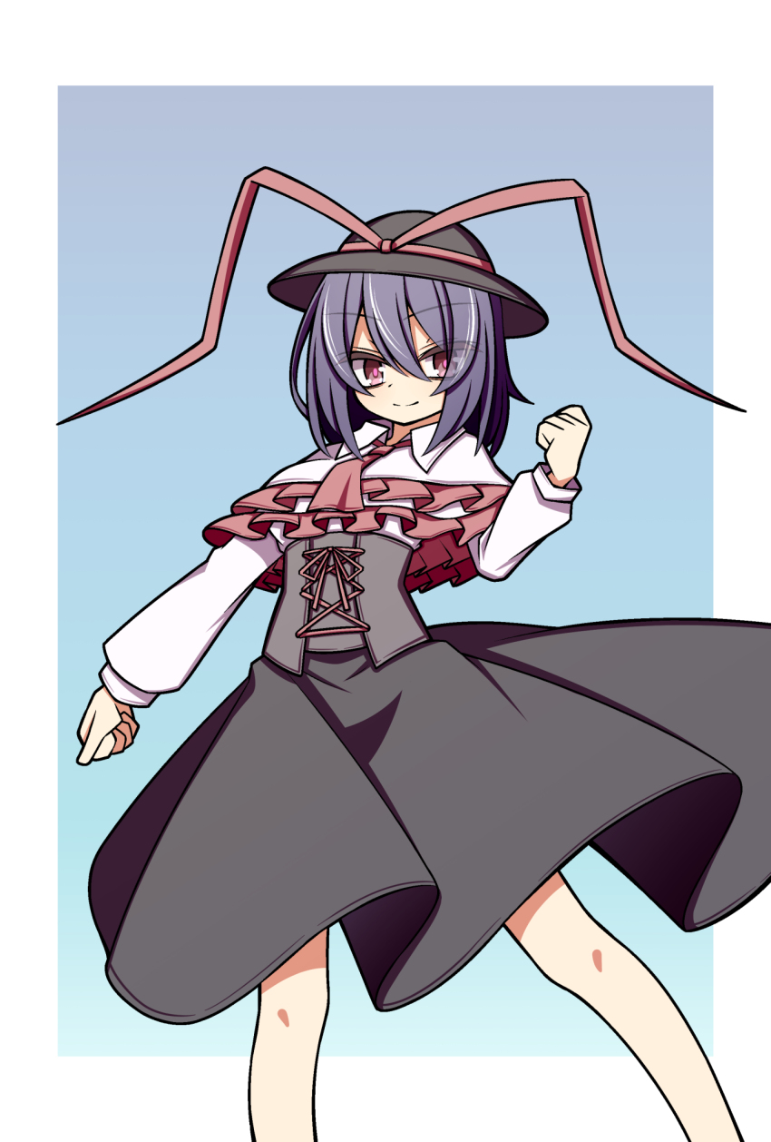 1girl black_hat black_skirt blue_background border capelet clenched_hands closed_mouth frilled_capelet frills gradient_background hat hat_ribbon hekkmushi high-waist_skirt highres long_sleeves looking_at_viewer nagae_iku purple_hair red_eyes red_pupils red_ribbon ribbon short_hair skirt smile solo touhou white_border white_capelet