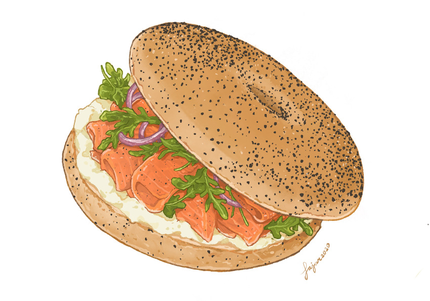 bagel bread donut fajar_kurniawan fish fish_(food) food food_focus highres no_humans onion original salmon salmon_(fish) simple_background still_life vegetable white_background