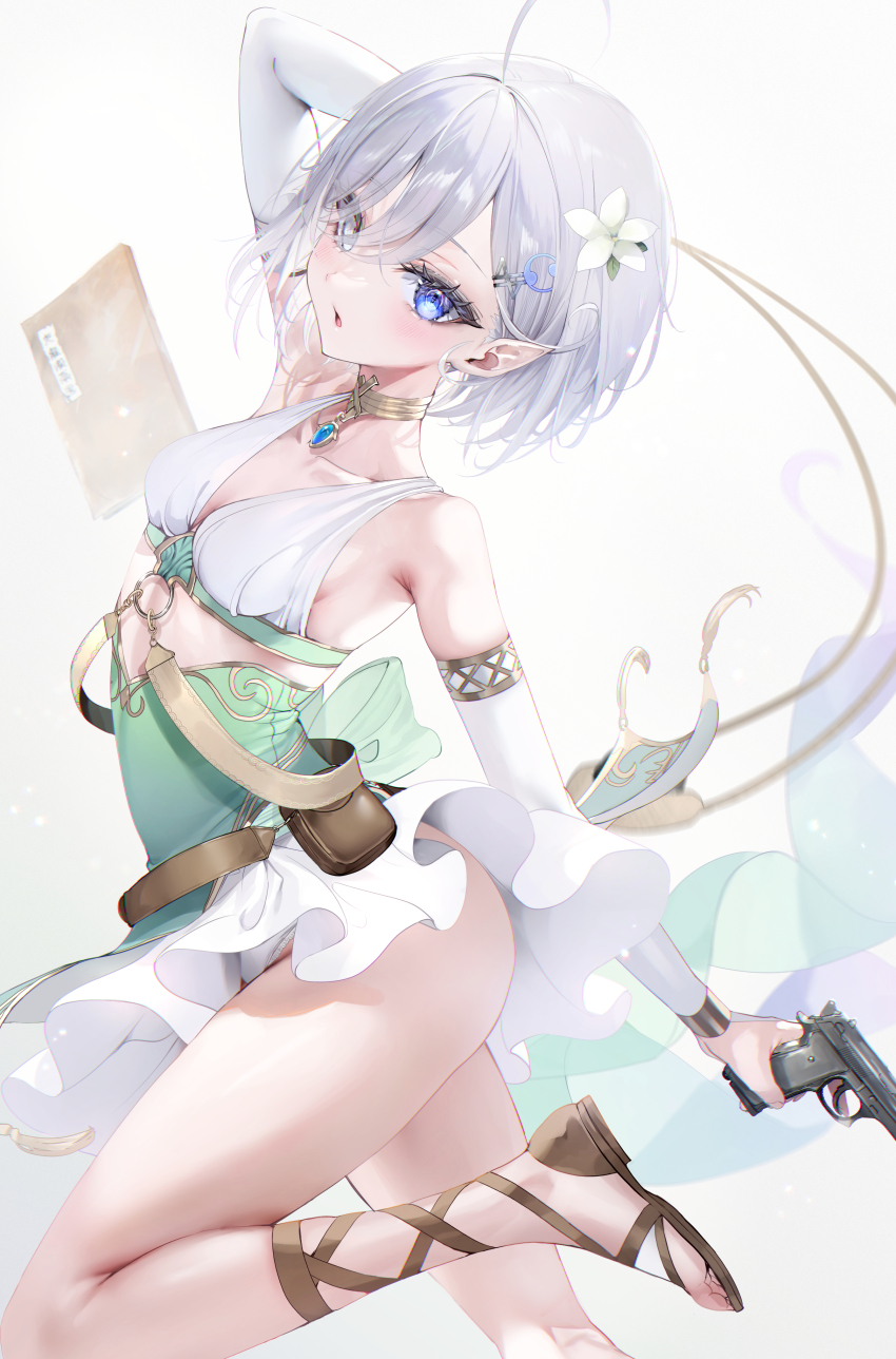 1girl absurdres arm_up armpits bare_shoulders belt belt_pouch blue_eyes blue_gemstone blush breasts bridal_gauntlets brown_sandals cleavage collarbone commentary_request flower gem gun hair_flower hair_ornament hairclip highres holding holding_gun holding_weapon leg_up legs looking_at_viewer nekometaru open_mouth panties pantyshot pointy_ears pouch sandals shibou_yuugi_de_meshi_o_kuu simple_background skirt small_breasts solo standing standing_on_one_leg tassel trigger_discipline tsurime underwear upskirt weapon white_background white_flower white_panties white_skirt yuuki_(shibou_yuugi)