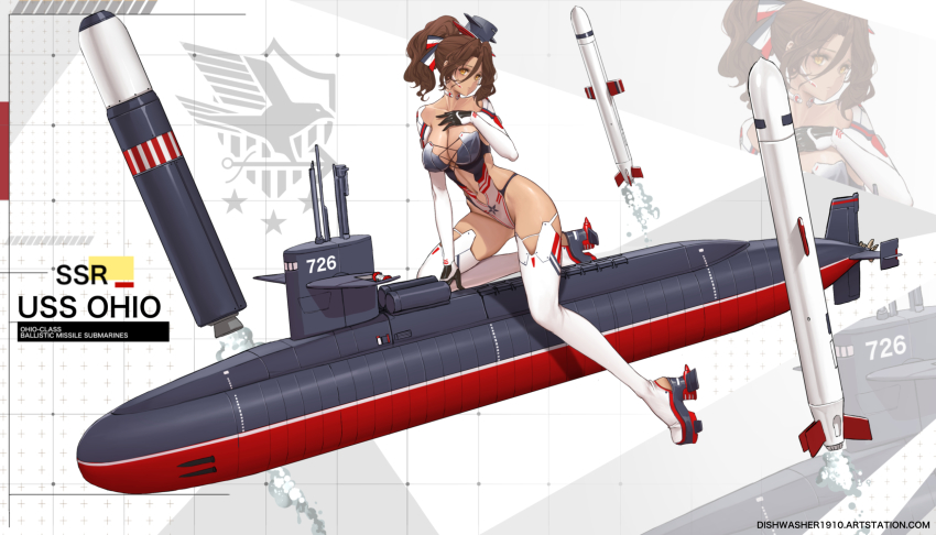 1girl anti-ship_missile azur_lane ballistic_missile ballistic_missile_submarine bgm-109_tomahawk black_headwear breasts brown_hair character_name cleavage cluster_bomb cluster_missile cluster_munition cross-laced_clothes cross-laced_one-piece_swimsuit cruise_missile cruise_missile_submarine dishwasher1910 elbow_gloves full_body gloves guided_bomb hair_intakes hand_on_own_chest highleg highleg_one-piece_swimsuit highres land-attack_missile large_breasts long_hair looking_at_viewer missile multiple_independently_targetable_reentry_vehicle multiple_re-entry_vehicle navel nuclear_submarine ohio-class_submarine ohio_(dishwasher1910) one-piece_swimsuit orange_eyes original pinup_(style) ponytail precision-guided_munition riding rudder_footwear shoes solo submarine submarine-launched_ballistic_missile submarine-launched_cruise_missile surface-to-surface_missile swimsuit thighhighs thighs torpedo ugm-109_tomahawk ugm-133_trident_ii watercraft zoom_layer