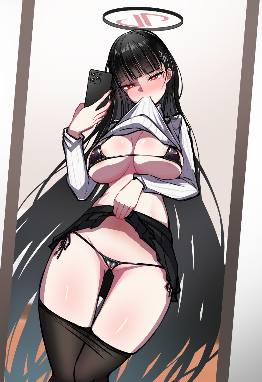 1girl absurdres ahiru_taii areola_slip bikini biting biting_clothes black_bikini black_hair black_pantyhose black_skirt blue_archive blunt_bangs blush breasts cellphone clothes_lift clothes_pull commentary_request commission hair_ornament hairclip highres holding holding_phone large_breasts long_hair micro_bikini mirror_selfie pantyhose pantyhose_pull phone pixiv_commission red_eyes ribbed_sweater rio_(blue_archive) selfie skirt skirt_lift smartphone solo sweater sweater_lift swimsuit turtleneck turtleneck_sweater variant_set very_long_hair white_sweater