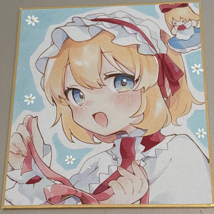 1girl :d alice_margatroid ascot blonde_hair blue_background blue_eyes capelet commentary floral_background flower frilled_ascot frilled_hairband frills hairband highres holding holding_ribbon looking_at_viewer marker_(medium) moni_monico open_mouth portrait red_ascot red_hairband red_ribbon ribbon shanghai_doll short_hair smile solo symbol-only_commentary touhou traditional_media tying white_capelet white_flower wrist_cuffs